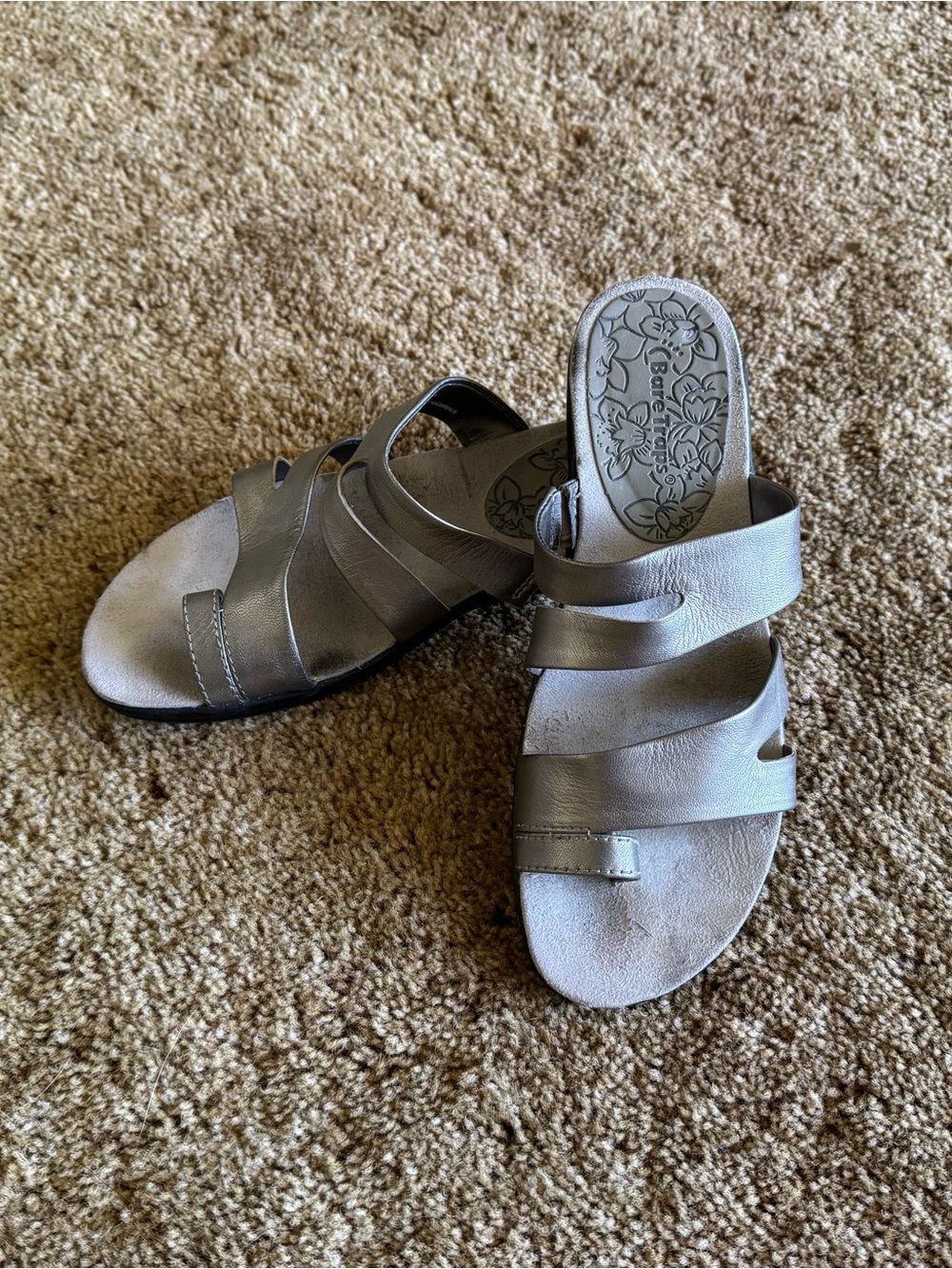 silver BareTraps leather sandals with an elevated heel; good condition